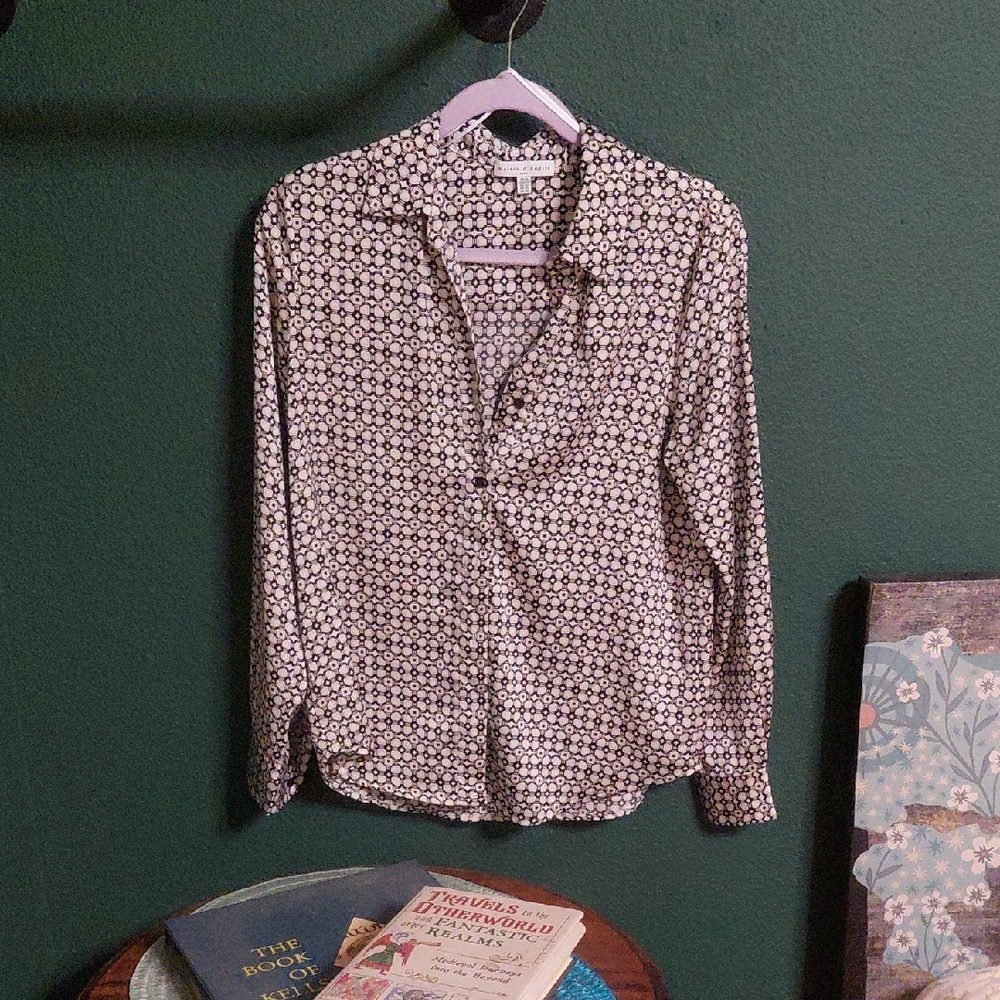 Black and White Button Down Shirt with Geometric Pattern